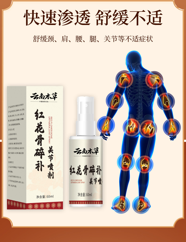 云南本草紅花骨碎補關節(jié)噴劑頸椎透骨液膝蓋腰椎肩周膏草本久通液
